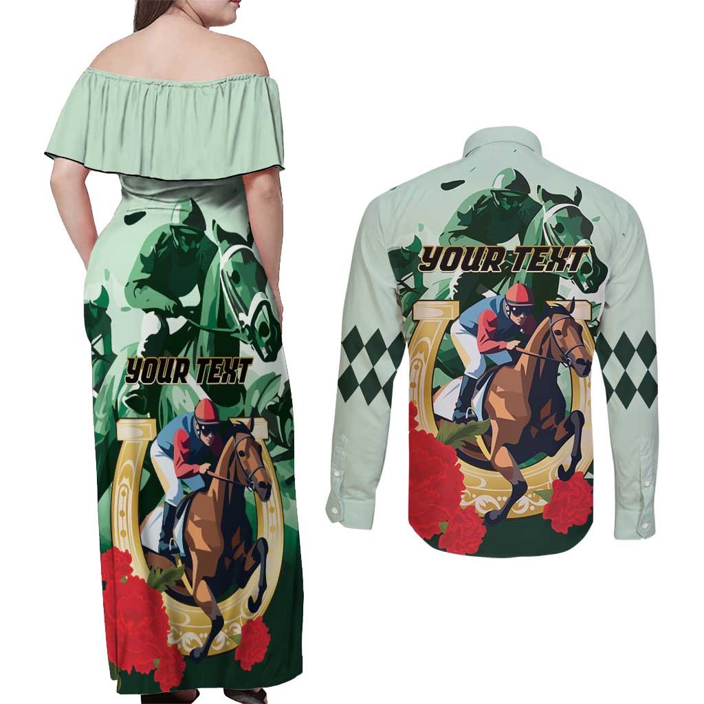 Personalized Belmont Horse Racing Couples Matching Off Shoulder Maxi Dress and Long Sleeve Button Shirt The Test of the Champion