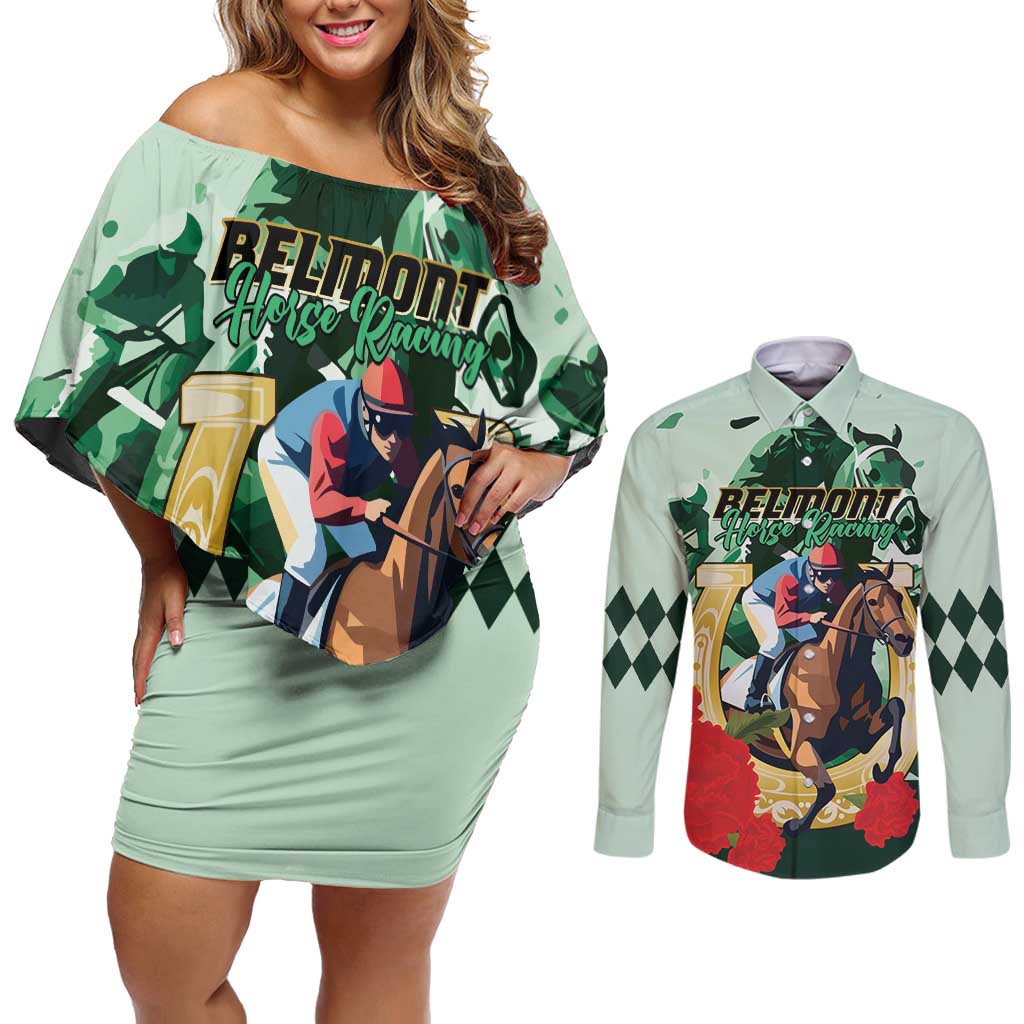 Personalized Belmont Horse Racing Couples Matching Off Shoulder Short Dress and Long Sleeve Button Shirt The Test of the Champion