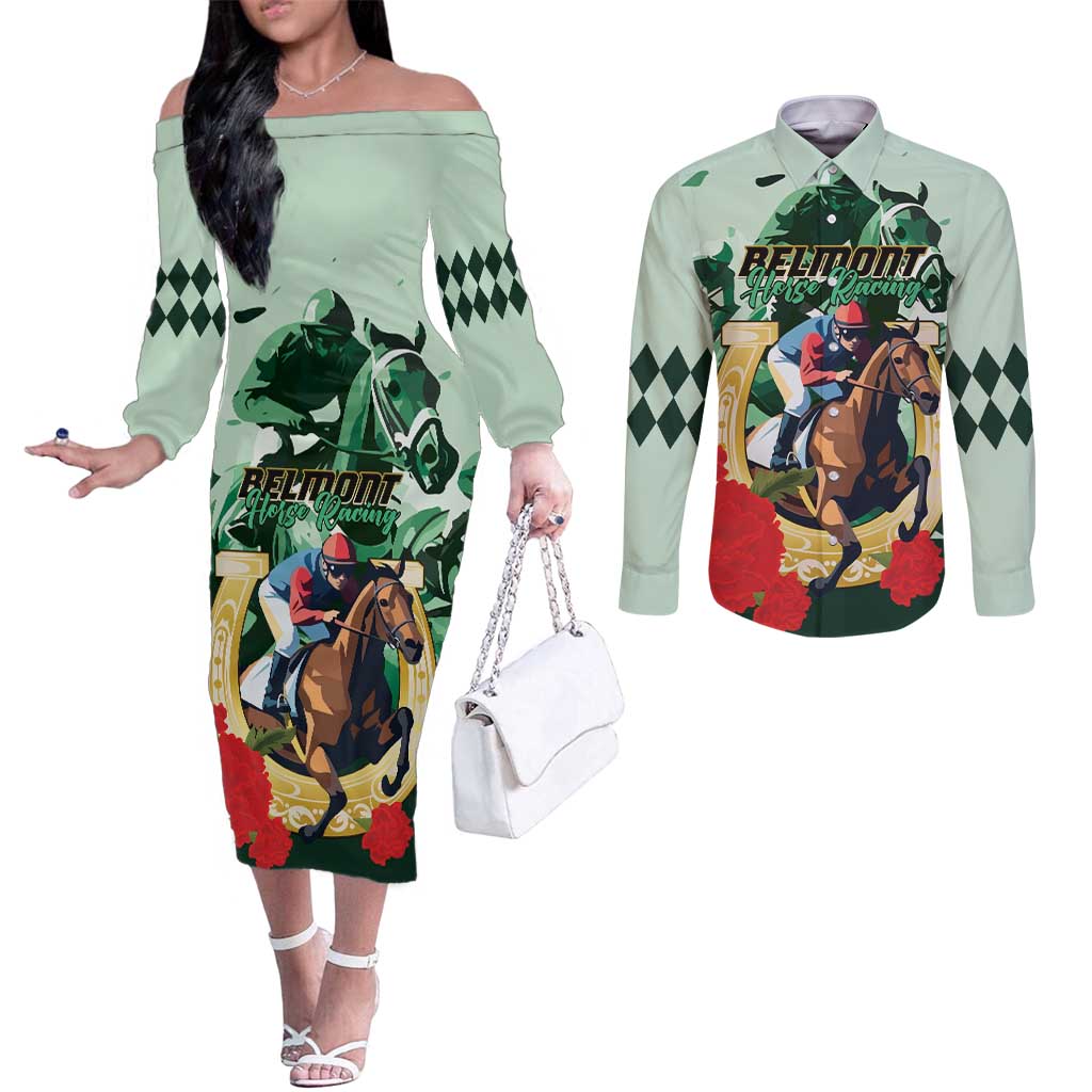 Personalized Belmont Horse Racing Couples Matching Off The Shoulder Long Sleeve Dress and Long Sleeve Button Shirt The Test of the Champion