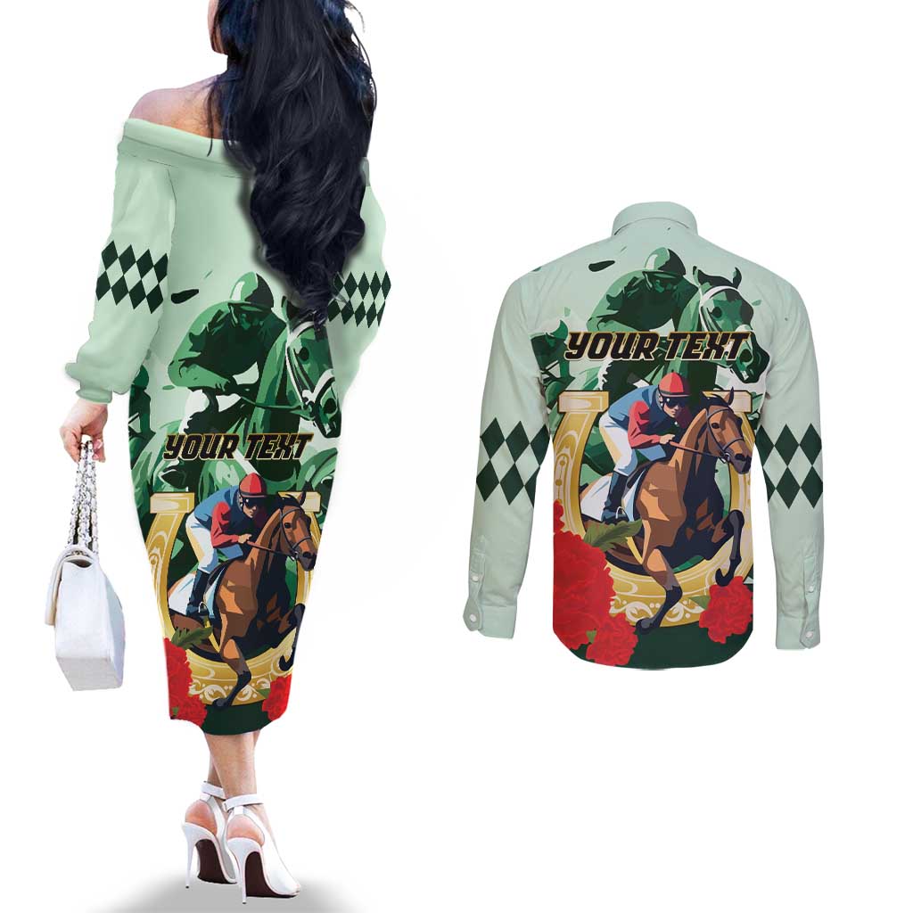 Personalized Belmont Horse Racing Couples Matching Off The Shoulder Long Sleeve Dress and Long Sleeve Button Shirt The Test of the Champion