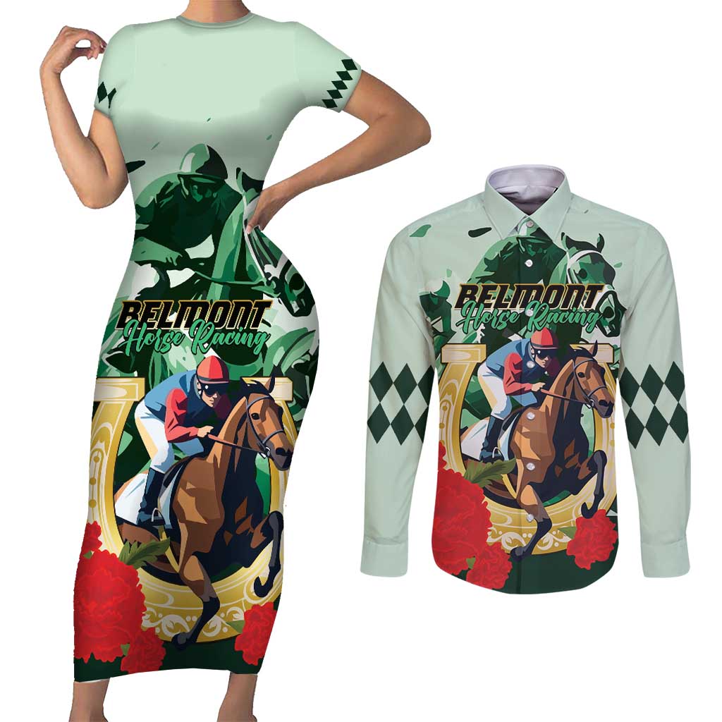 Personalized Belmont Horse Racing Couples Matching Short Sleeve Bodycon Dress and Long Sleeve Button Shirt The Test of the Champion