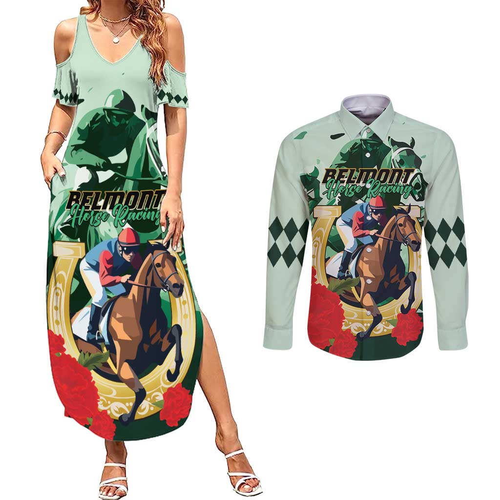 Personalized Belmont Horse Racing Couples Matching Summer Maxi Dress and Long Sleeve Button Shirt The Test of the Champion
