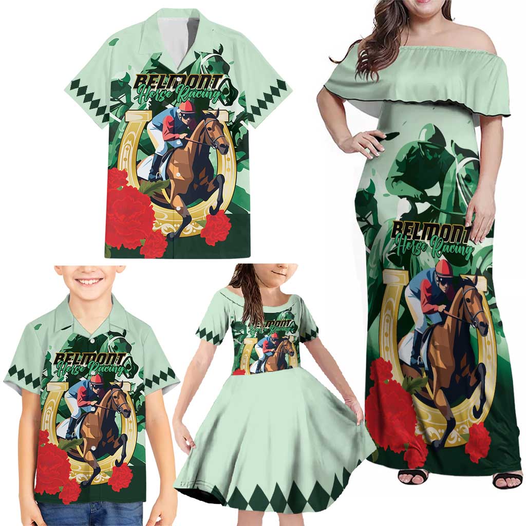 Personalized Belmont Horse Racing Family Matching Off Shoulder Maxi Dress and Hawaiian Shirt The Test of the Champion