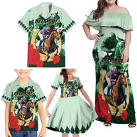 Personalized Belmont Horse Racing Family Matching Off Shoulder Maxi Dress and Hawaiian Shirt The Test of the Champion