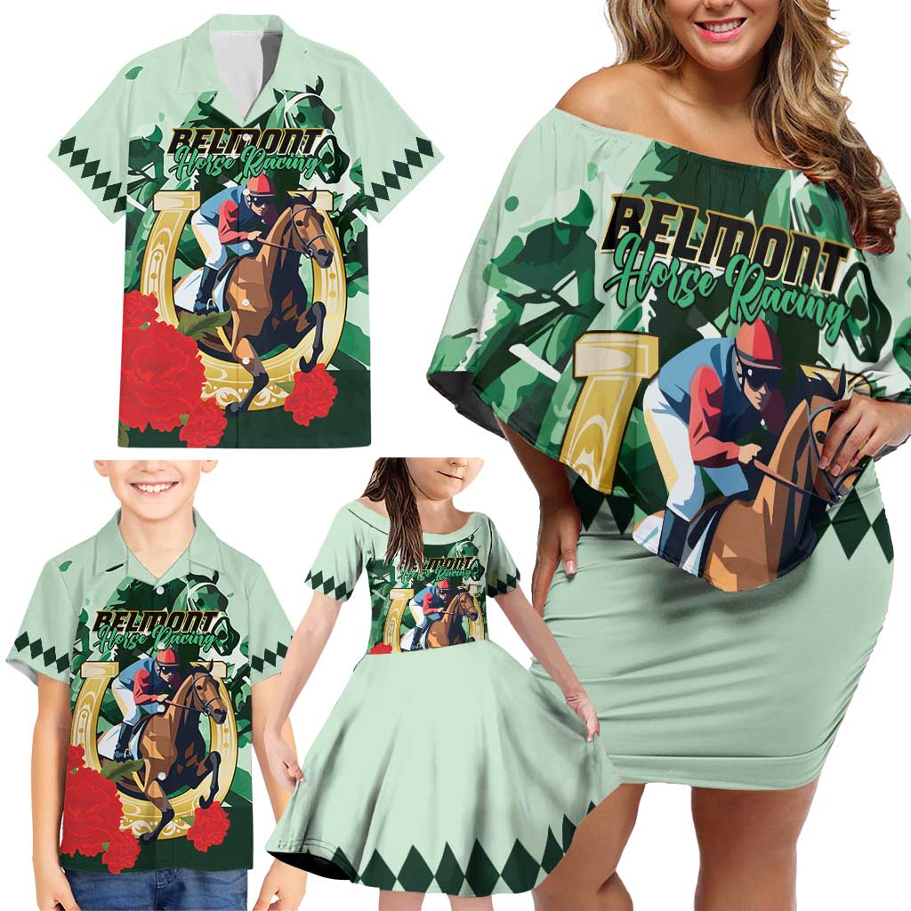 Personalized Belmont Horse Racing Family Matching Off Shoulder Short Dress and Hawaiian Shirt The Test of the Champion