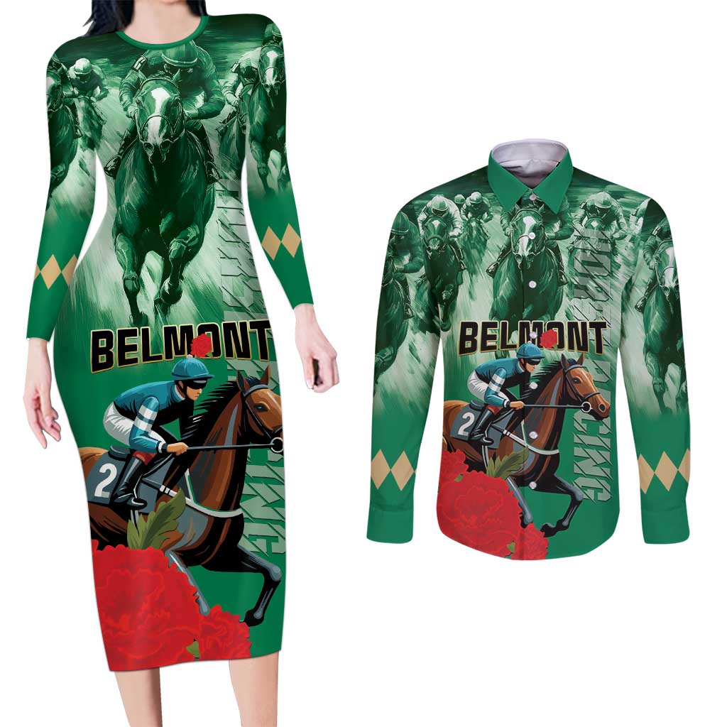 Personalized Belmont Horse Racing Couples Matching Long Sleeve Bodycon Dress and Long Sleeve Button Shirt Run for the Carnations