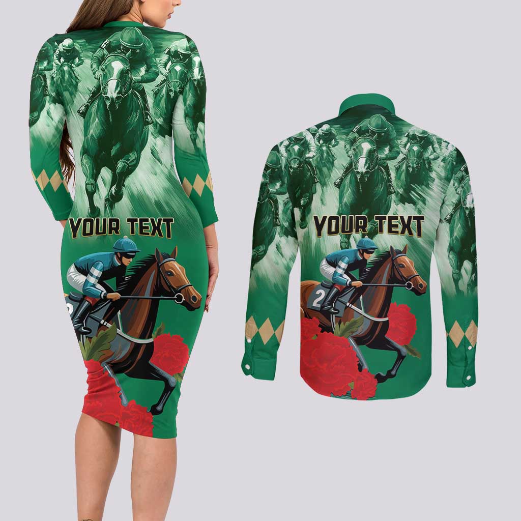 Personalized Belmont Horse Racing Couples Matching Long Sleeve Bodycon Dress and Long Sleeve Button Shirt Run for the Carnations