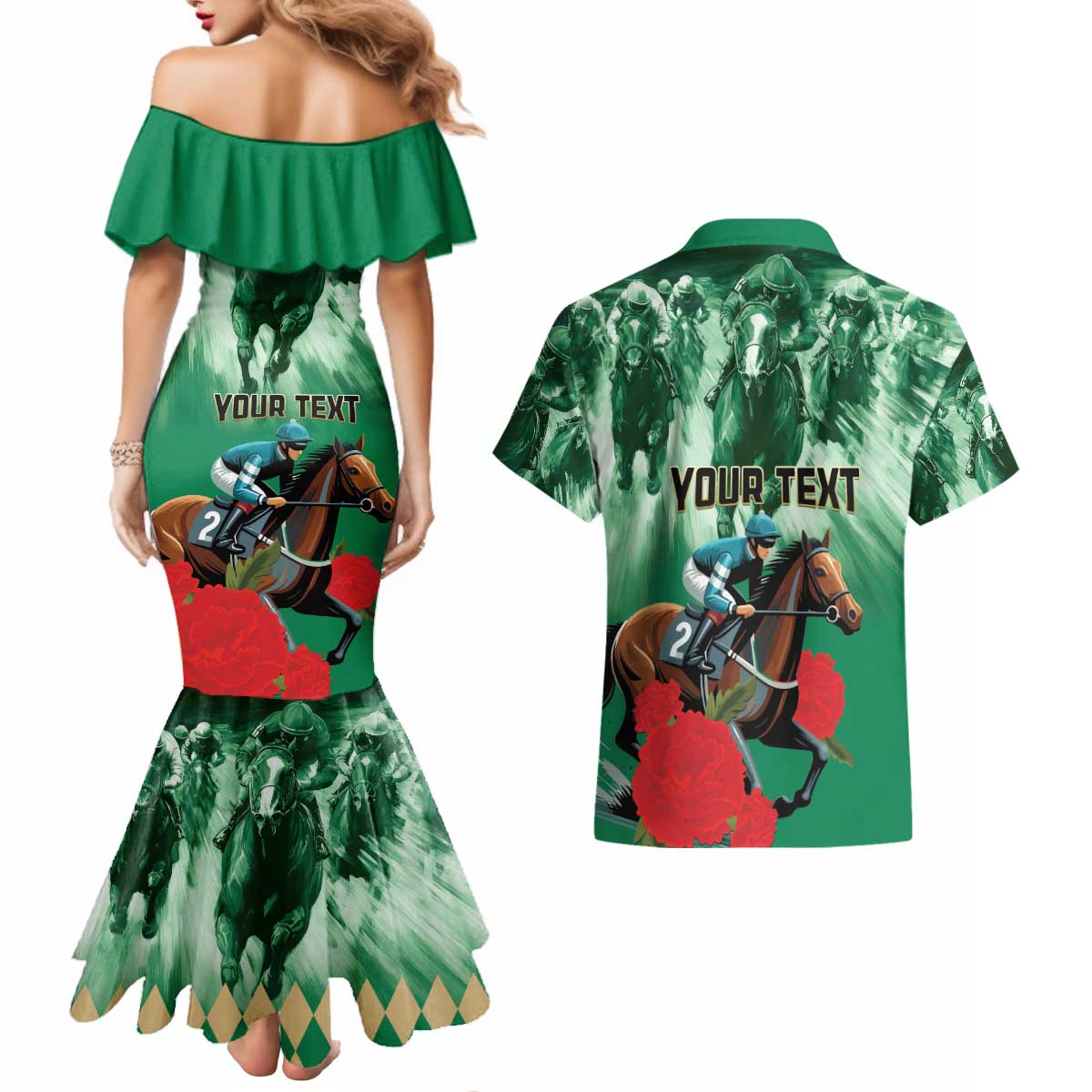 Personalized Belmont Horse Racing Couples Matching Mermaid Dress and Hawaiian Shirt Run for the Carnations