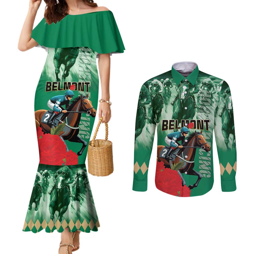Personalized Belmont Horse Racing Couples Matching Mermaid Dress and Long Sleeve Button Shirt Run for the Carnations