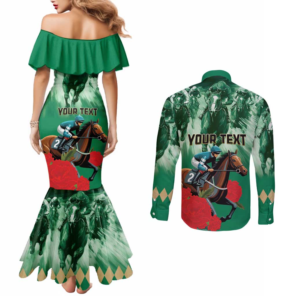 Personalized Belmont Horse Racing Couples Matching Mermaid Dress and Long Sleeve Button Shirt Run for the Carnations