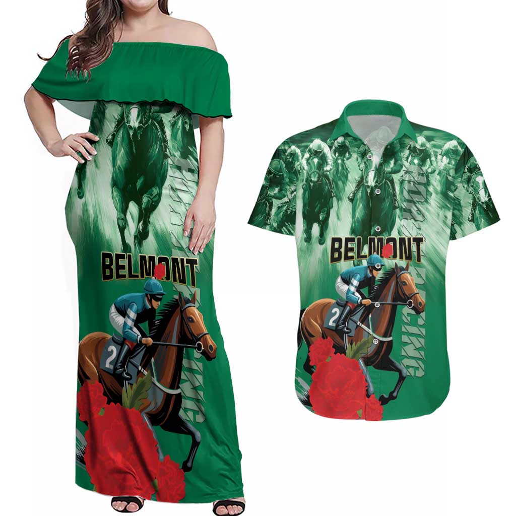 Personalized Belmont Horse Racing Couples Matching Off Shoulder Maxi Dress and Hawaiian Shirt Run for the Carnations