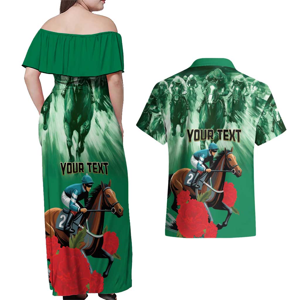 Personalized Belmont Horse Racing Couples Matching Off Shoulder Maxi Dress and Hawaiian Shirt Run for the Carnations