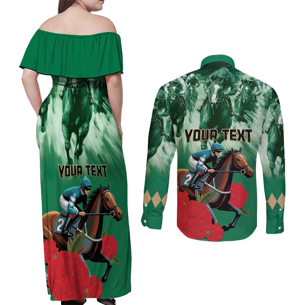 Personalized Belmont Horse Racing Couples Matching Off Shoulder Maxi Dress and Long Sleeve Button Shirt Run for the Carnations
