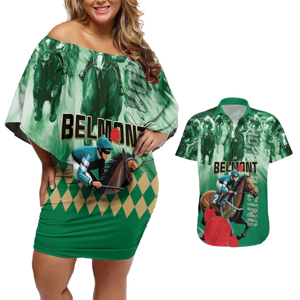 Personalized Belmont Horse Racing Couples Matching Off Shoulder Short Dress and Hawaiian Shirt Run for the Carnations