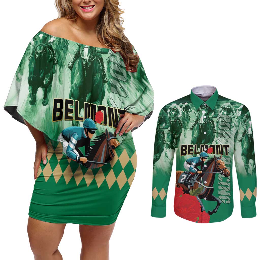 Personalized Belmont Horse Racing Couples Matching Off Shoulder Short Dress and Long Sleeve Button Shirt Run for the Carnations