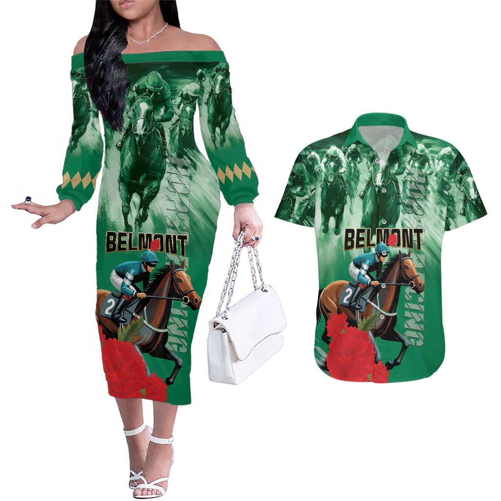 Personalized Belmont Horse Racing Couples Matching Off The Shoulder Long Sleeve Dress and Hawaiian Shirt Run for the Carnations