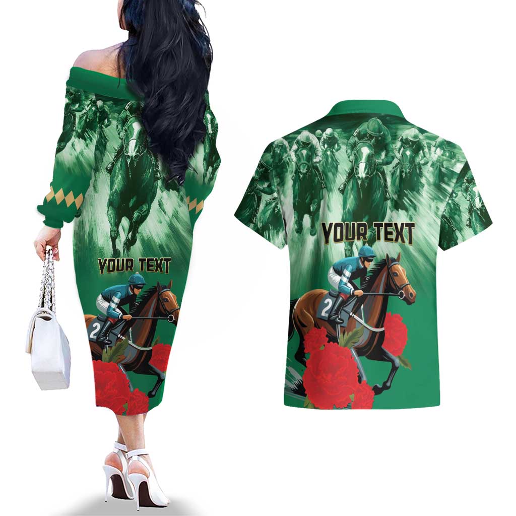 Personalized Belmont Horse Racing Couples Matching Off The Shoulder Long Sleeve Dress and Hawaiian Shirt Run for the Carnations