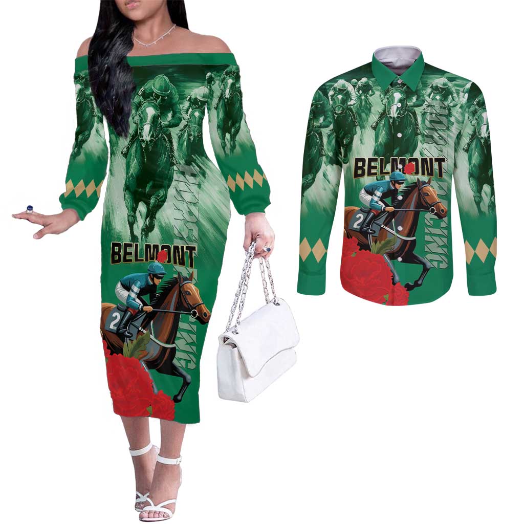 Personalized Belmont Horse Racing Couples Matching Off The Shoulder Long Sleeve Dress and Long Sleeve Button Shirt Run for the Carnations