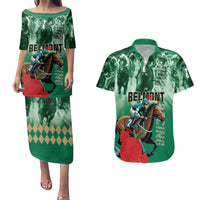Personalized Belmont Horse Racing Couples Matching Puletasi and Hawaiian Shirt Run for the Carnations