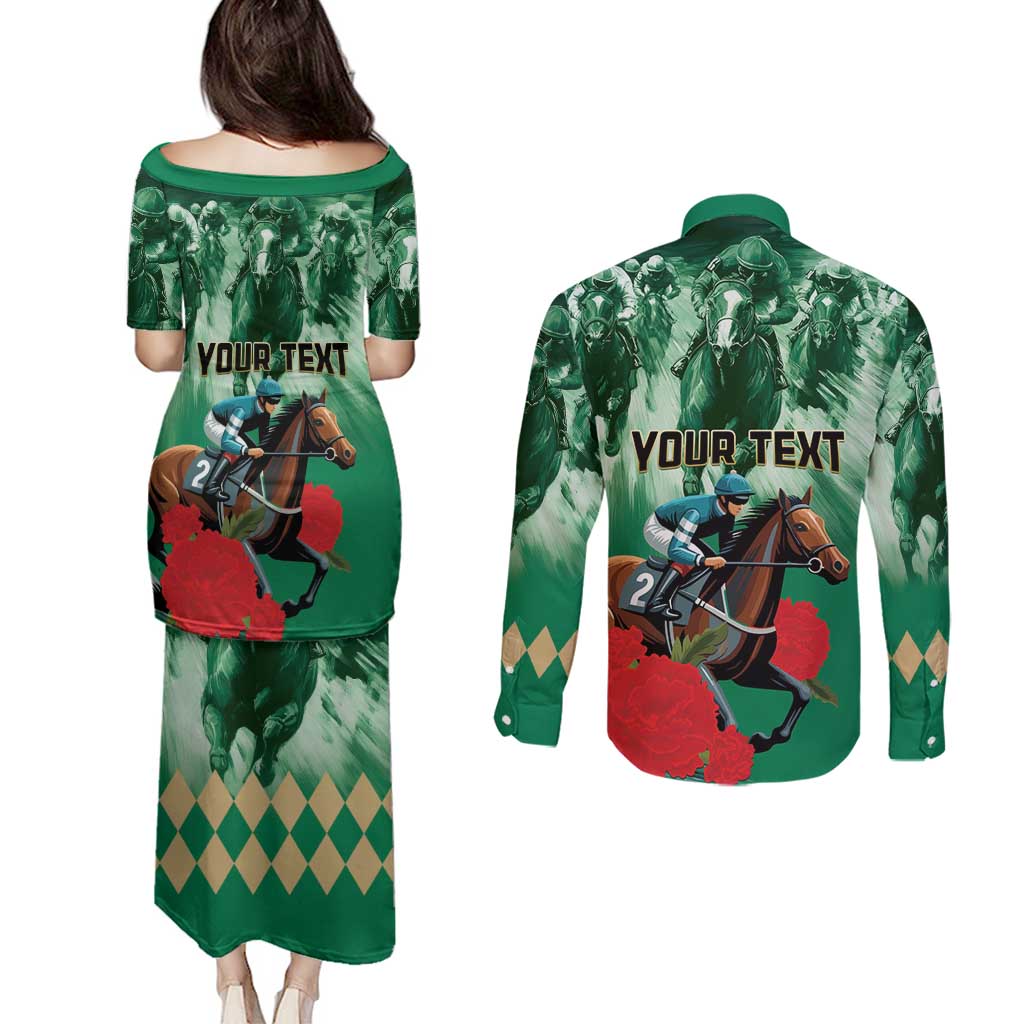 Personalized Belmont Horse Racing Couples Matching Puletasi and Long Sleeve Button Shirt Run for the Carnations