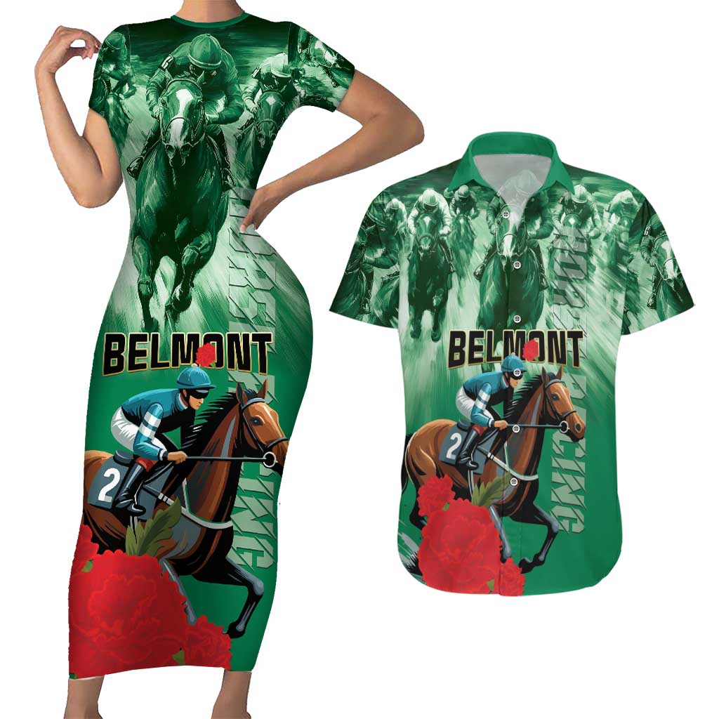 Personalized Belmont Horse Racing Couples Matching Short Sleeve Bodycon Dress and Hawaiian Shirt Run for the Carnations