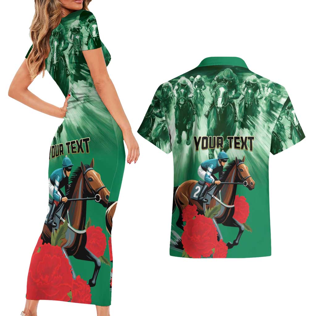 Personalized Belmont Horse Racing Couples Matching Short Sleeve Bodycon Dress and Hawaiian Shirt Run for the Carnations