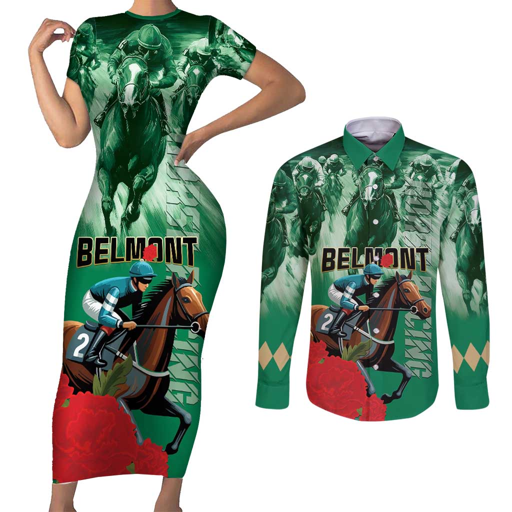 Personalized Belmont Horse Racing Couples Matching Short Sleeve Bodycon Dress and Long Sleeve Button Shirt Run for the Carnations