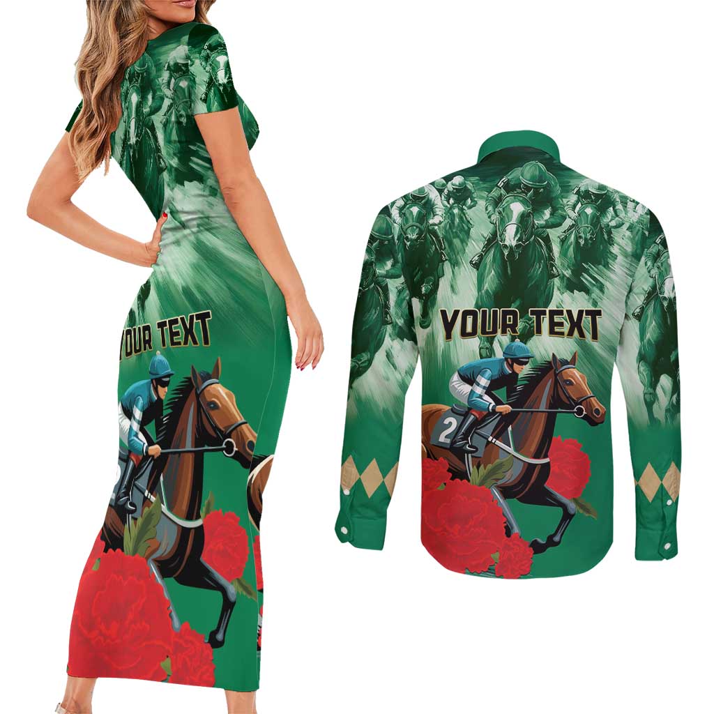 Personalized Belmont Horse Racing Couples Matching Short Sleeve Bodycon Dress and Long Sleeve Button Shirt Run for the Carnations