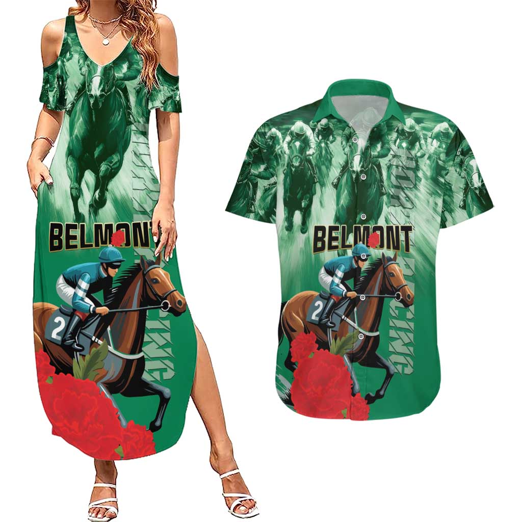 Personalized Belmont Horse Racing Couples Matching Summer Maxi Dress and Hawaiian Shirt Run for the Carnations