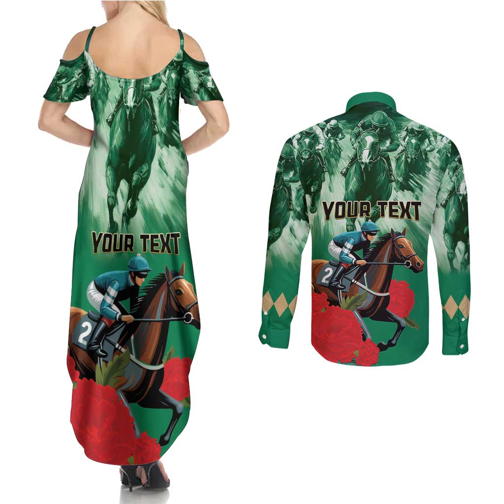 Personalized Belmont Horse Racing Couples Matching Summer Maxi Dress and Long Sleeve Button Shirt Run for the Carnations