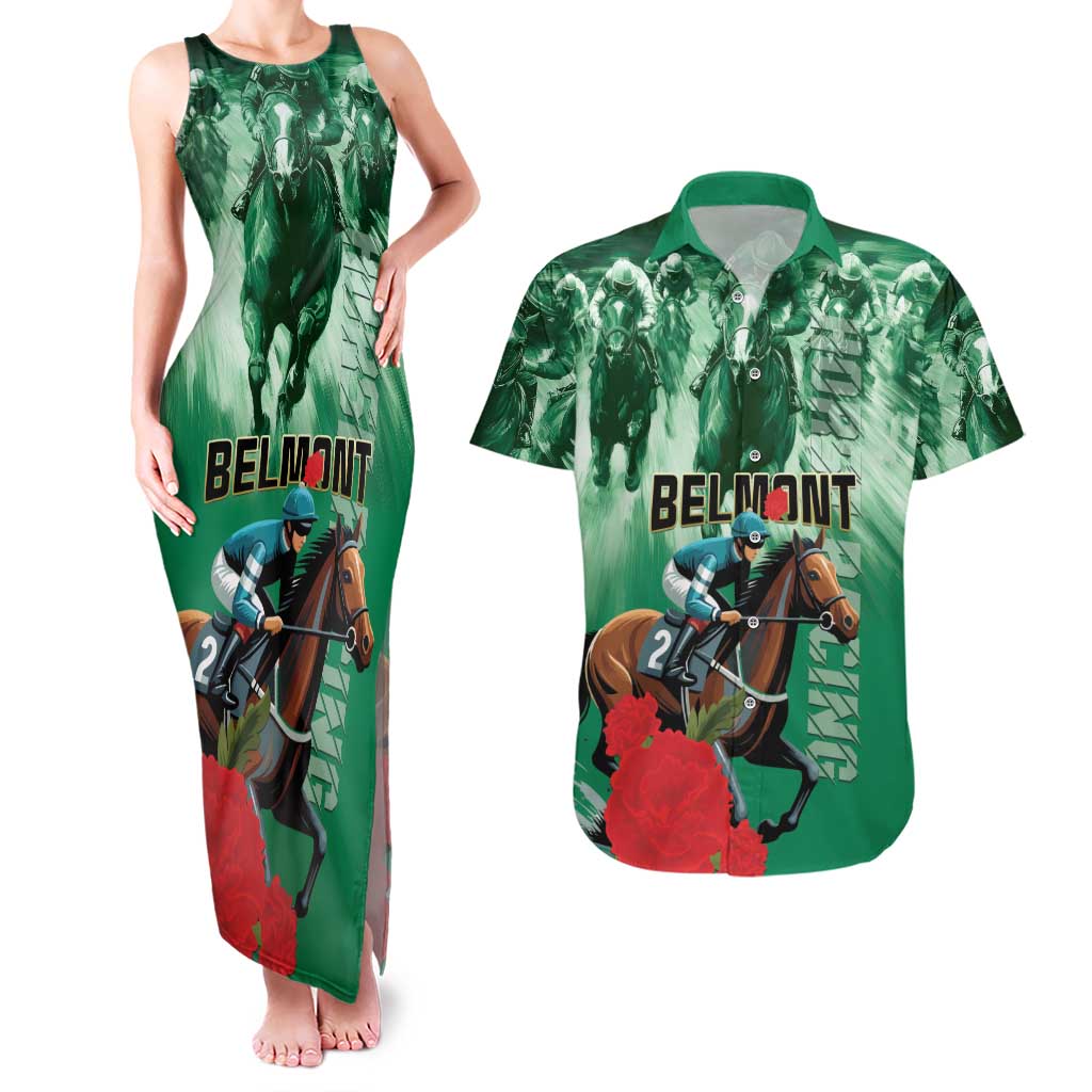 Personalized Belmont Horse Racing Couples Matching Tank Maxi Dress and Hawaiian Shirt Run for the Carnations