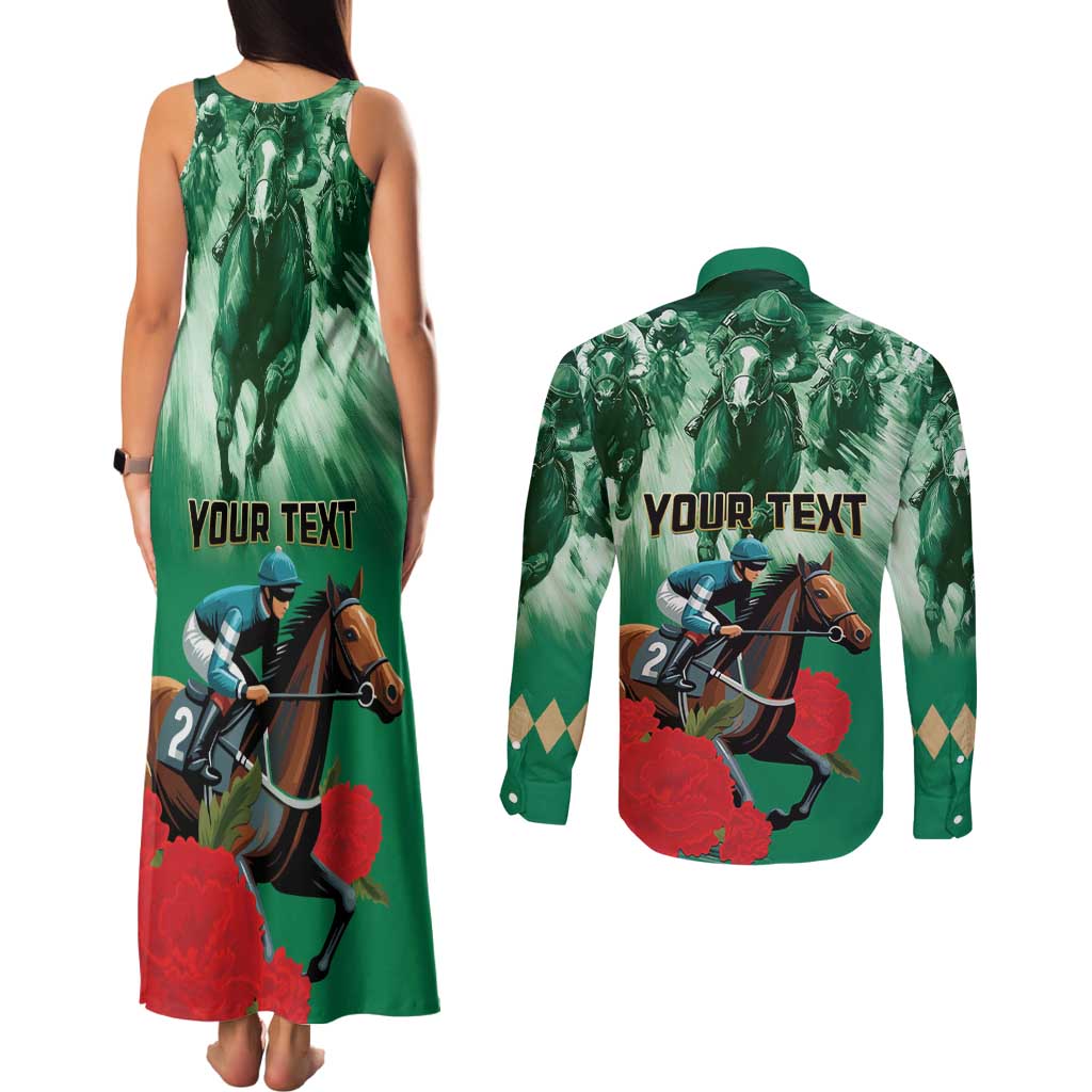 Personalized Belmont Horse Racing Couples Matching Tank Maxi Dress and Long Sleeve Button Shirt Run for the Carnations
