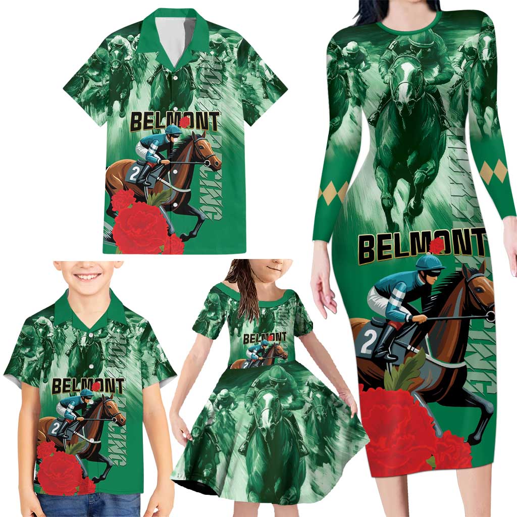 Personalized Belmont Horse Racing Family Matching Long Sleeve Bodycon Dress and Hawaiian Shirt Run for the Carnations