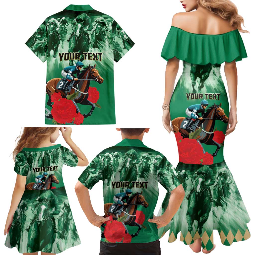 Personalized Belmont Horse Racing Family Matching Mermaid Dress and Hawaiian Shirt Run for the Carnations