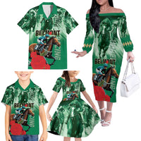 Personalized Belmont Horse Racing Family Matching Off The Shoulder Long Sleeve Dress and Hawaiian Shirt Run for the Carnations