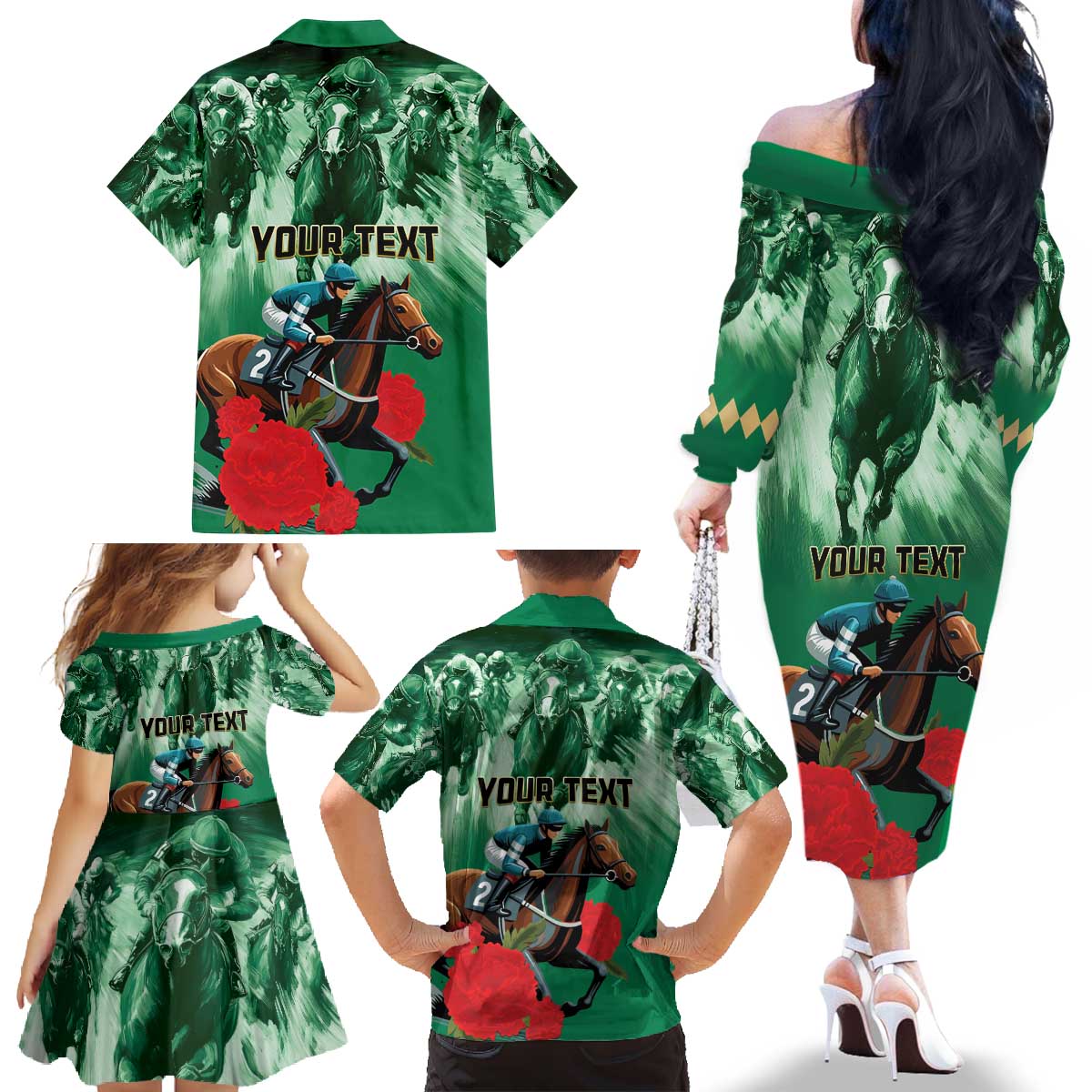 Personalized Belmont Horse Racing Family Matching Off The Shoulder Long Sleeve Dress and Hawaiian Shirt Run for the Carnations