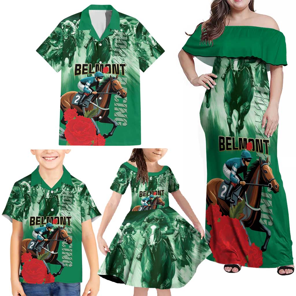 Personalized Belmont Horse Racing Family Matching Off Shoulder Maxi Dress and Hawaiian Shirt Run for the Carnations