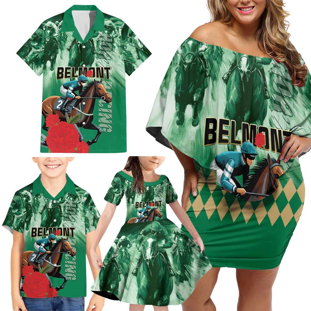 Personalized Belmont Horse Racing Family Matching Off Shoulder Short Dress and Hawaiian Shirt Run for the Carnations