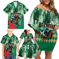 Personalized Belmont Horse Racing Family Matching Off Shoulder Short Dress and Hawaiian Shirt Run for the Carnations