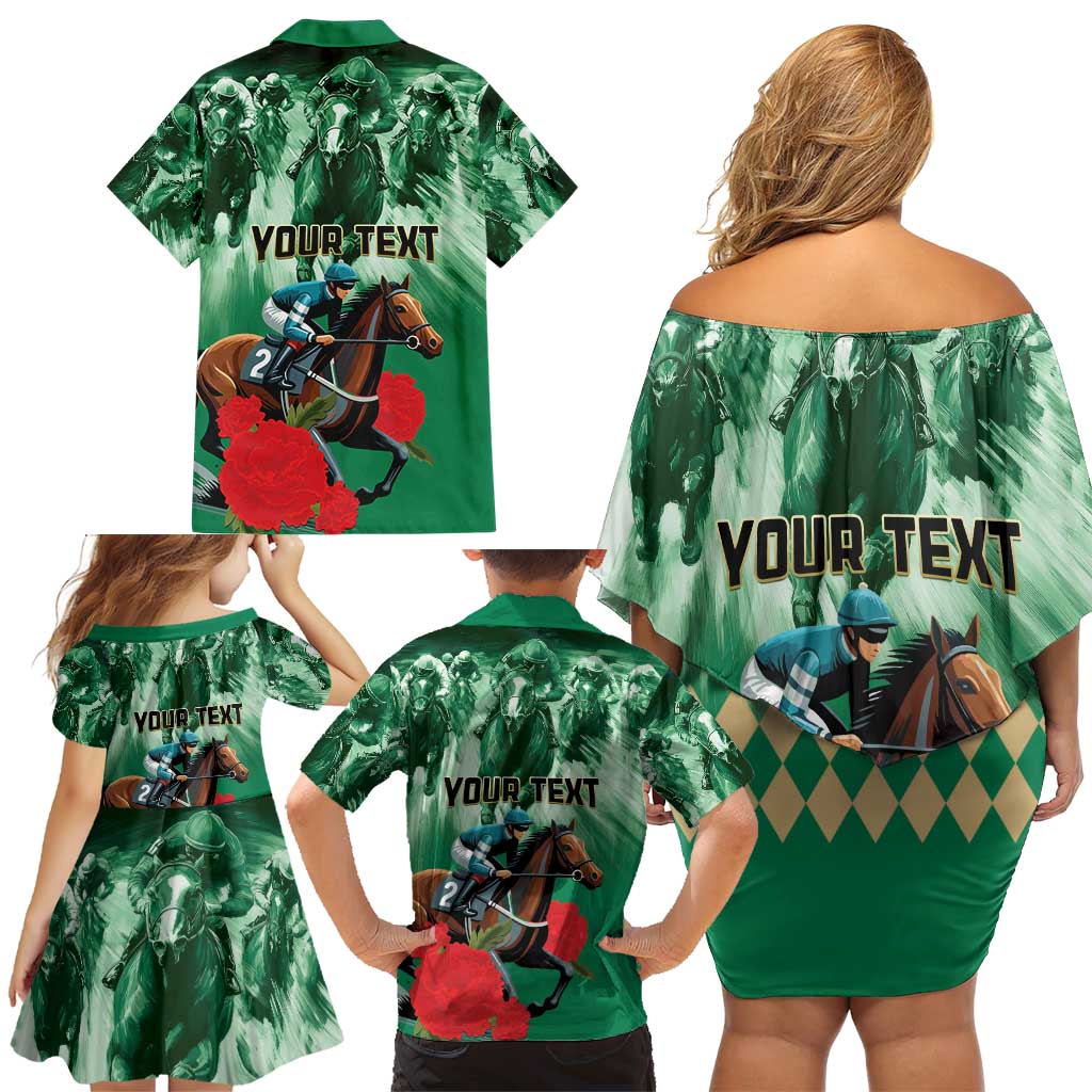 Personalized Belmont Horse Racing Family Matching Off Shoulder Short Dress and Hawaiian Shirt Run for the Carnations