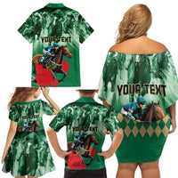 Personalized Belmont Horse Racing Family Matching Off Shoulder Short Dress and Hawaiian Shirt Run for the Carnations