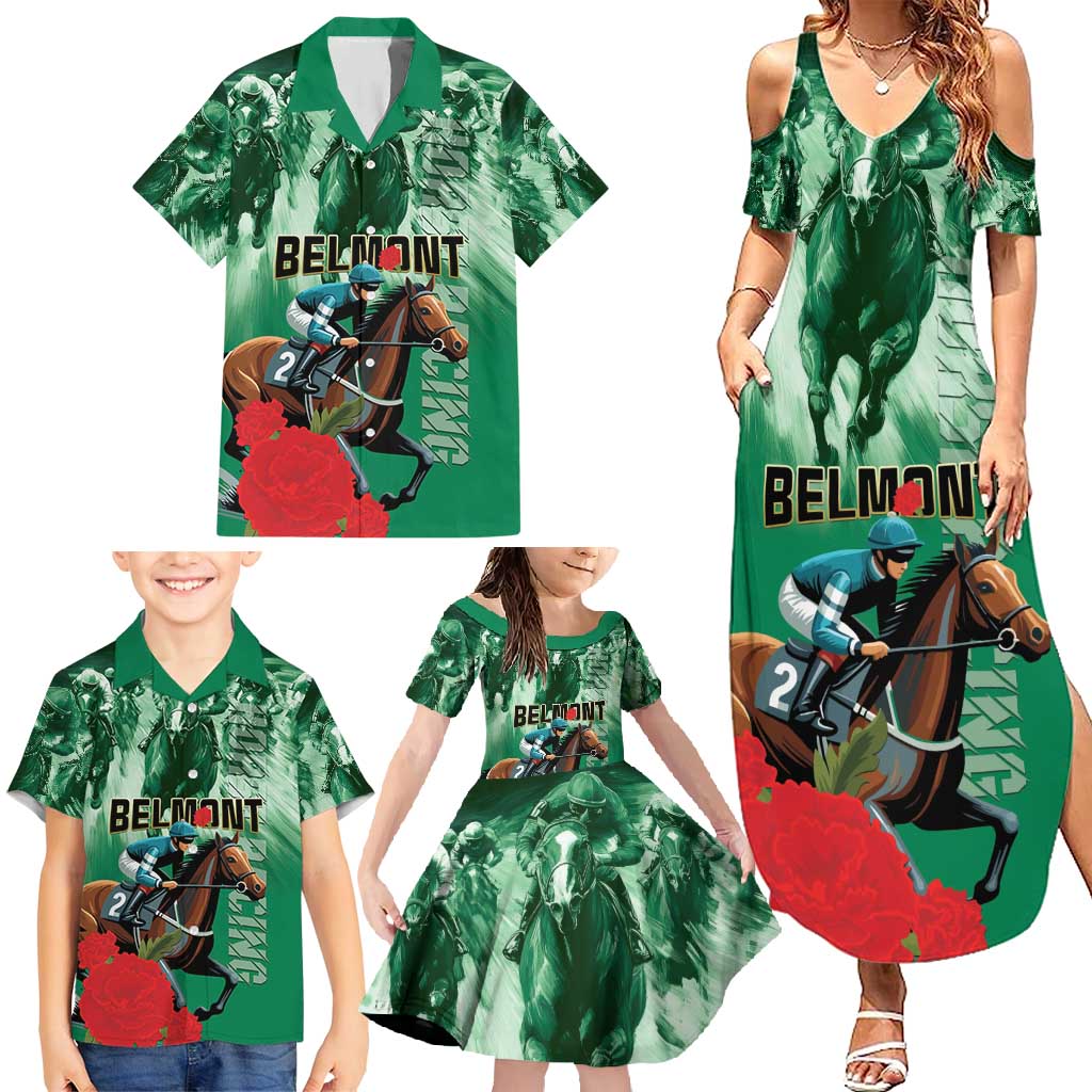 Personalized Belmont Horse Racing Family Matching Summer Maxi Dress and Hawaiian Shirt Run for the Carnations
