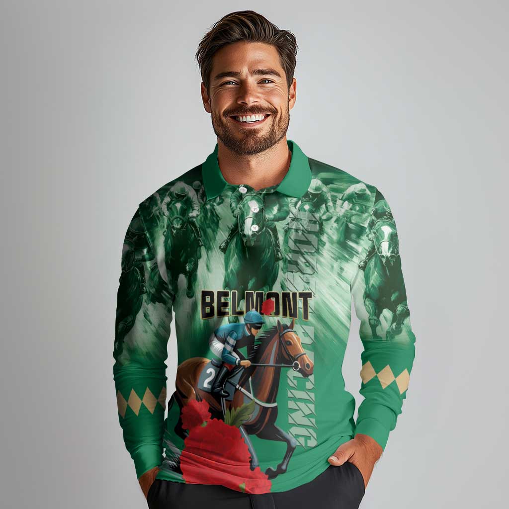 Personalized Belmont Horse Racing Long Sleeve Polo Shirt Run for the Carnations