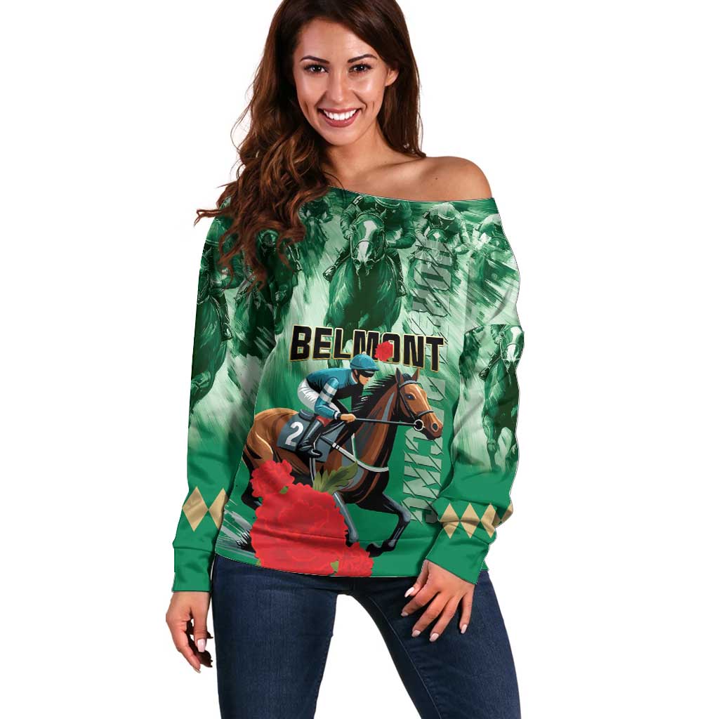 Personalized Belmont Horse Racing Off Shoulder Sweater Run for the Carnations