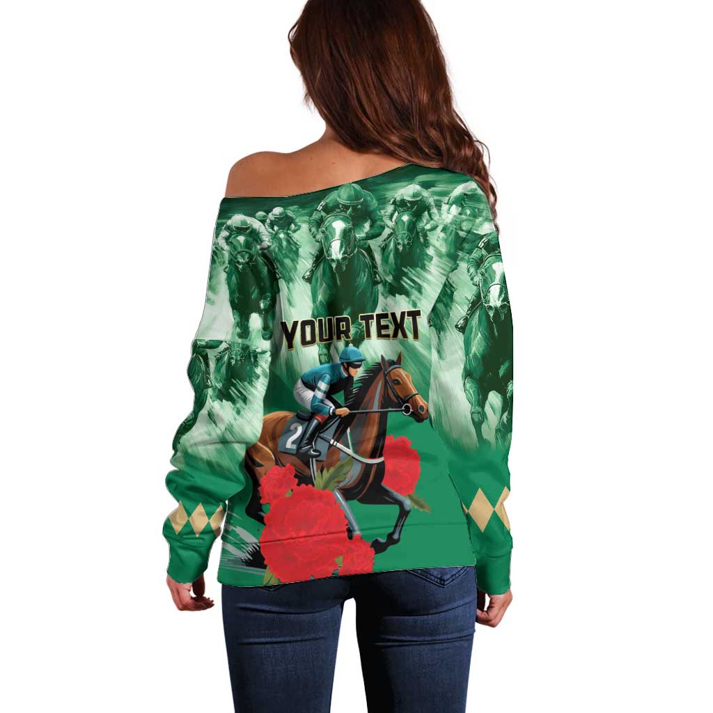 Personalized Belmont Horse Racing Off Shoulder Sweater Run for the Carnations