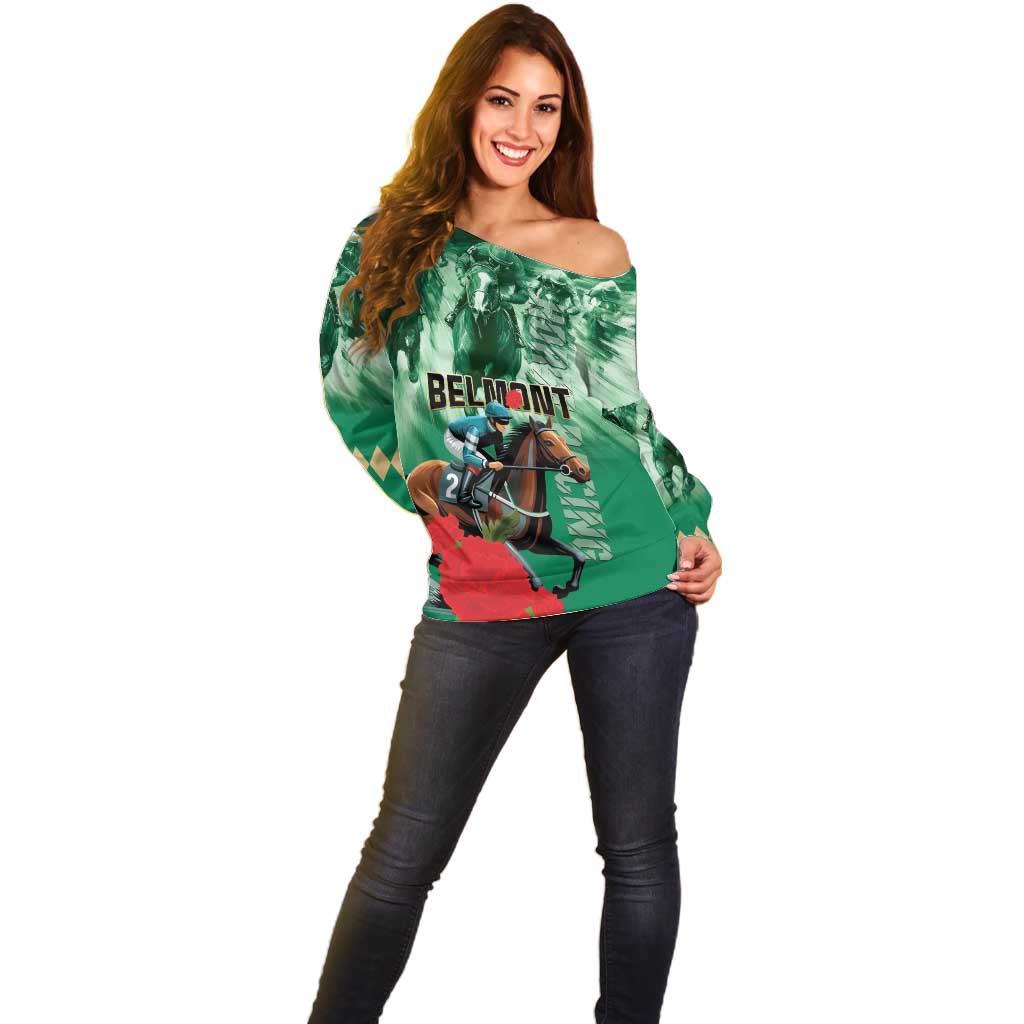 Personalized Belmont Horse Racing Off Shoulder Sweater Run for the Carnations