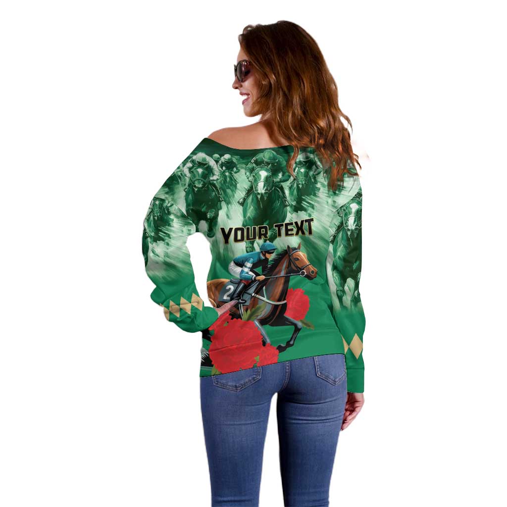 Personalized Belmont Horse Racing Off Shoulder Sweater Run for the Carnations