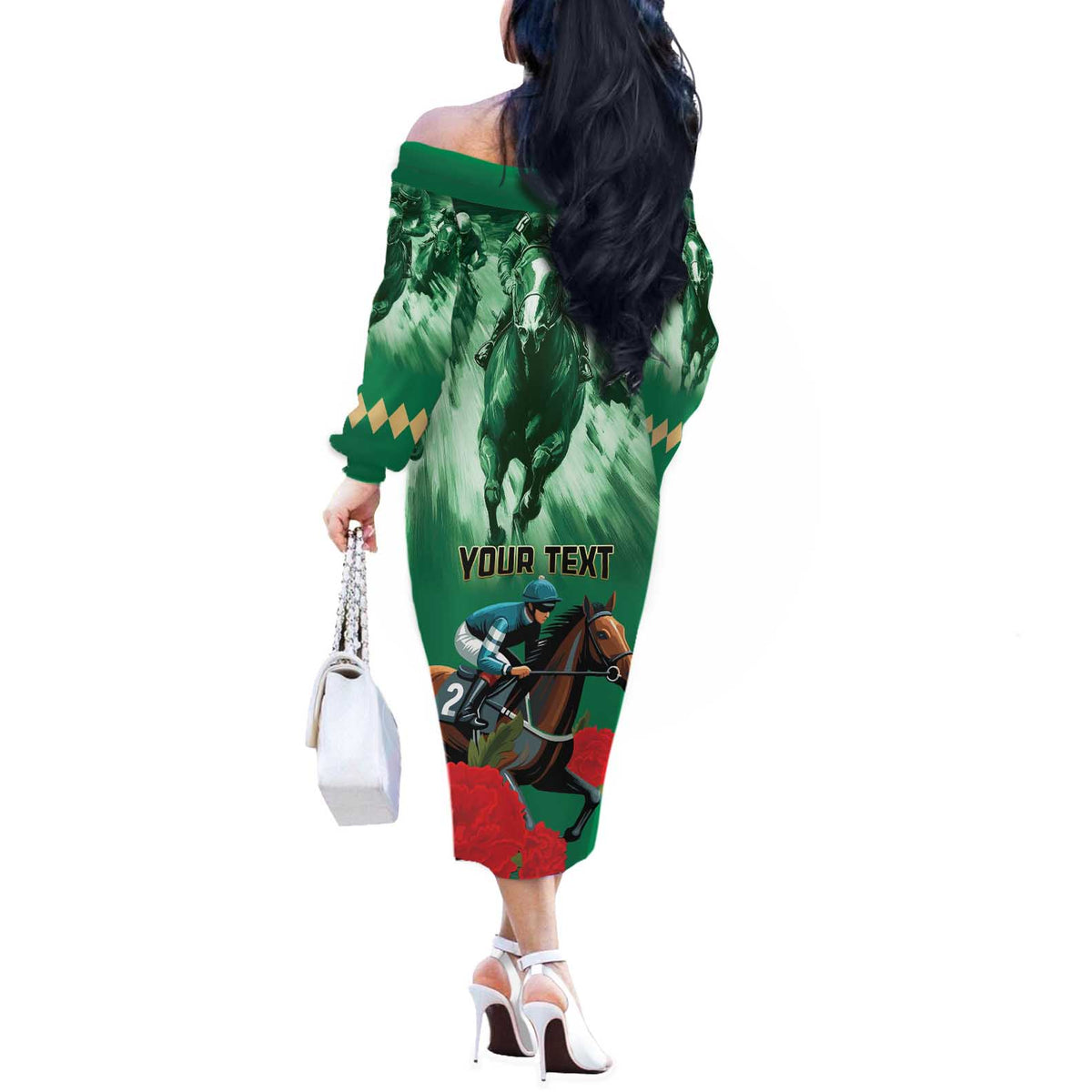 Personalized Belmont Horse Racing Off The Shoulder Long Sleeve Dress Run for the Carnations