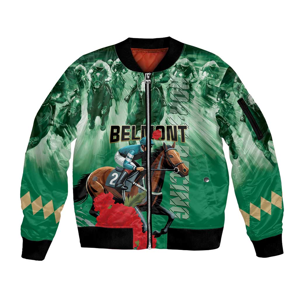 Personalized Belmont Horse Racing Sleeve Zip Bomber Jacket Run for the Carnations