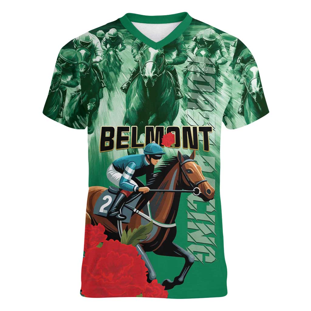 Personalized Belmont Horse Racing Women V-Neck T-Shirt Run for the Carnations